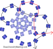 Beaded Angel Ornament Making - Step 4: Repeat step 3 two more times, before starting on the last bead circle, after the final looping through the V Shape beads, loop he line (red through one more bead that is pointing outwards).